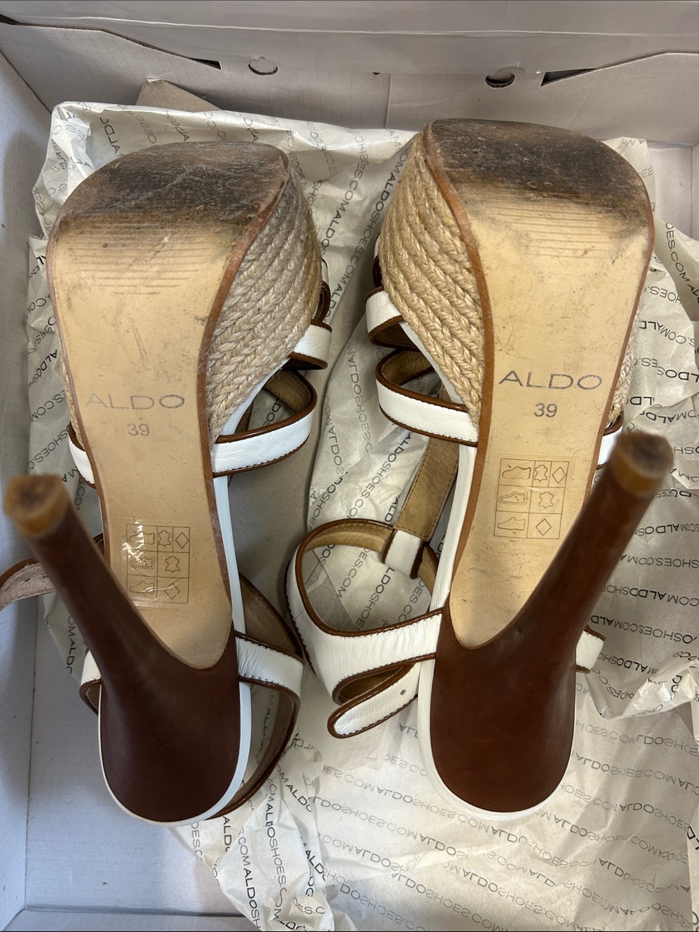 Aldo White and Tan Espadrille Platform T‑Strap Heels - Picture 7 of 8